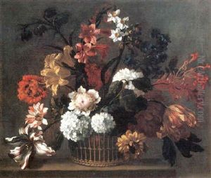 Lilies, Narcissus, Tulips, Hy-drangeas And Other Flowers In A Basket On A Ledge Lilies, Narcissus, Tulips, Hy-drangeas And Other Flowers In A Basket On A Ledge