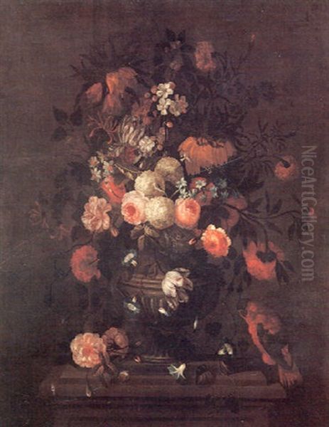 Crown Imperial Lilies, Roses, Morning Glory, Snowballs, Narcissus, Tulips, Carnations, And Other Flowers In A Vase - view 1