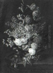 Roses, Tulips, Narcissus, Morning Glory, Daffodils, And     Other Flowers In A Sculpted Urn On A Ledge With Insects