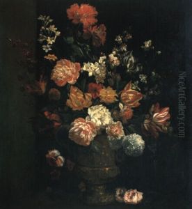 Tulips And Other Flowers In A Sculpted Urn