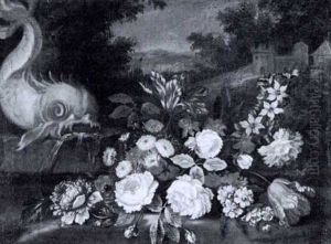 Tulips And Other Flowers On A Ledge By A Fountain In A Landscape Tulips And Other Flowers On A Ledge By A Fountain In A Landscape