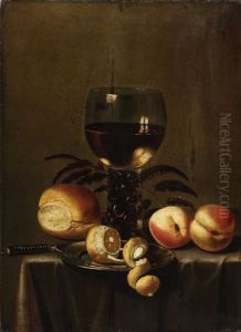 Still Life With Wine Glass, Bread, Lemon And Peaches by Monogrammist V.S.Z.
