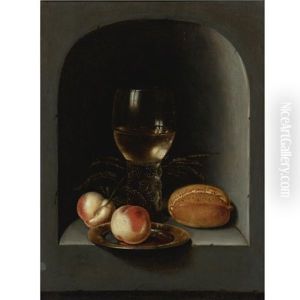Still Life With Two Peaches And A Roemer In A Stone Niche by Monogrammist V.S.Z.