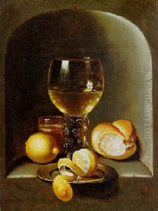 Still Life Of A Roemer, A Peeled Lemon On A Pewter Plate, With Another Lemon, A Bread Roll And A Glass, All In A Stone Niche Still Life Of A Roemer, A Peeled Lemon On A Pewter Plate, With Another Lemon, A Bread Roll And A Glass, All In A Stone Niche