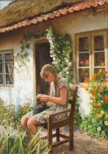 Summer Day With A Young Girl Knitting In Front Of A Thatched Cottage