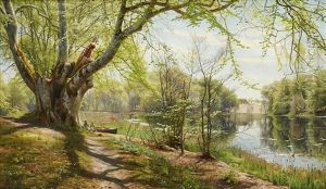 Gronskande Varlandskap Med Sittande Barn Vid Strandkant by Peder Mork Monsted