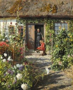 An Old Farmhouse With Grandmother Standing In The Door And A Little Girl by Peder Mork Monsted