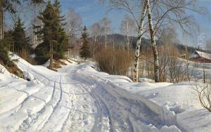 Norwegian Winter Landscape With Children On A Sledging