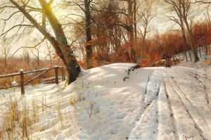 A Snowy Forest Road With A Woman Collecting Firewood by Peder Mork Monsted
