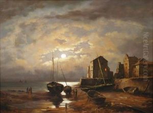 Estuary Scene At Moonlight by Alfred Montague