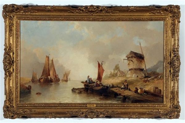 Busy River Scene With Boats, Figures And Windmill - view 1