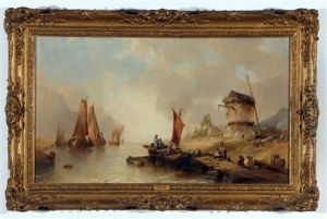 Busy River Scene With Boats, Figures And Windmill by Alfred Montague