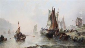 Dutch Coastal Landscape With Figures And Windmill On The Shore by Alfred Montague
