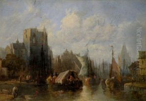 A Dutch Town Scene With Riverside Market (+ A Dutch Harbor Scene; Pair) by Alfred Montague