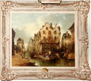 Dutch Canal, Figures On Barge by Alfred Montague