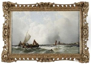 Fischerboote Vor Hollandischer Kuste Mit Stadt by Alfred Montague