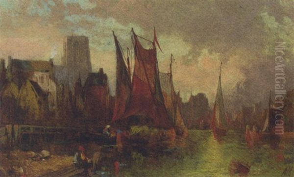 Barges At Dusk In A Continental Port - view 1