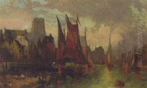 Barges At Dusk In A Continental Port by Alfred Montague