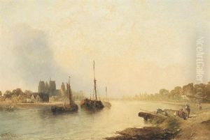 Landschaft An Der Seine. Am Vorderen Ufer Angelnde Kinder Landschaft An Der Seine. Am Vorderen Ufer Angelnde Kinder