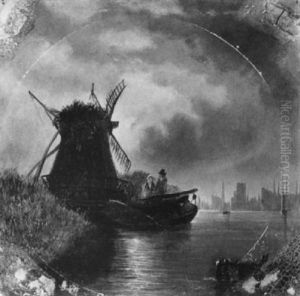 Vollmondbeschienene Flusslandschaft Mit Windmuhle