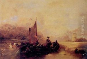 A River Landscape With Figures In A Boat In The Foreground by Alfred Montague
