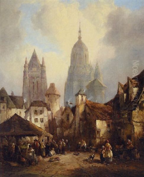 Continental Town Scene With Figures In A Market Square - view 1