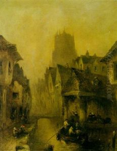 A View Of A Town With Figures By A Canal And Others In A Dinghy In The Foreground