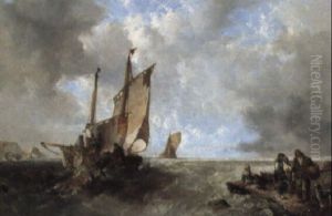 A Fishing Vessel Salvaging Some Wreckage And Fisherfolk With A Spaniel