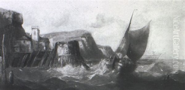 Fishing Boat Rounding Village Pier, Choppy Seas - view 1