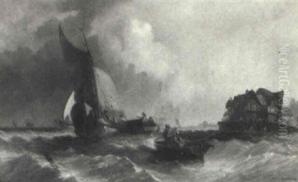 Many Vessels On A Turbulent Sea Near Port - view 1