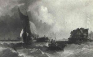 Many Vessels On A Turbulent Sea Near Port by Alfred Montague