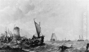 View Across The Scheldt; Boats Going To Market by Alfred Montague