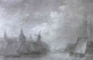 A Town With Barges In The Foreground by Alfred Montague