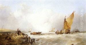A Coastal Scene With A Haybarge And Fisherfolk