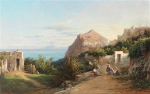 Motif Of Capri With View Of Vesuvius by Julius O. Montalant