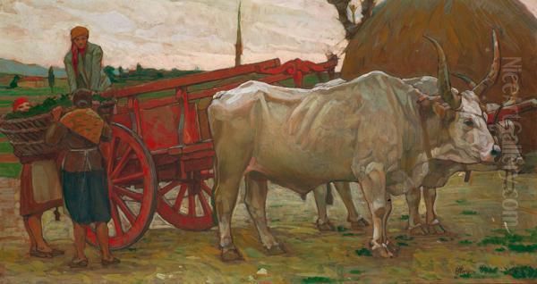Jeunes Filles Dechargeant Des Marchandises D'un Chariot Tire Par Des Buffles - view 1