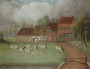 Vaches Au Pre Devant Une Ferme by Constant Montald