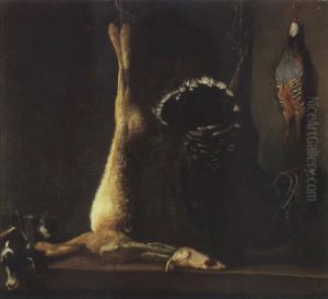 A Hanging Dead Hare, Turkey And Other Game On A Wooden Table