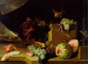 Melons, Grapes And Peaches On A Stone Plinth Beside A Fountain, A Landscape Beyond