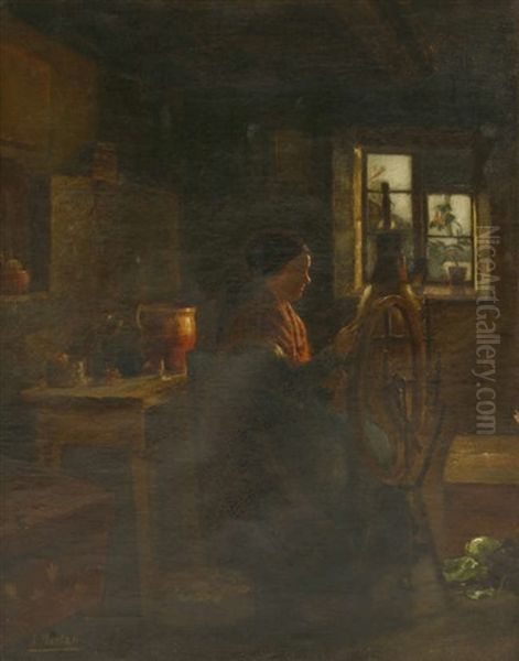 A Cottage Interior With A Woman At A Spinning Wheel - view 1