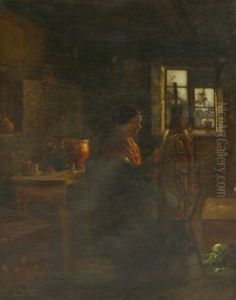 A Cottage Interior With A Woman At A Spinning Wheel