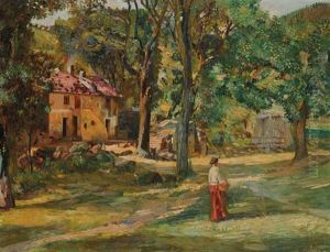 Casolare Nel Bosco Con Figura Femminile by Evasio Montanella