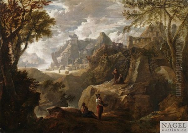 Weite Gebirgslandschaft Mit Ruinen Und Figurenstaffage - view 1