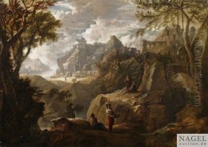 Weite Gebirgslandschaft Mit Ruinen Und Figurenstaffage