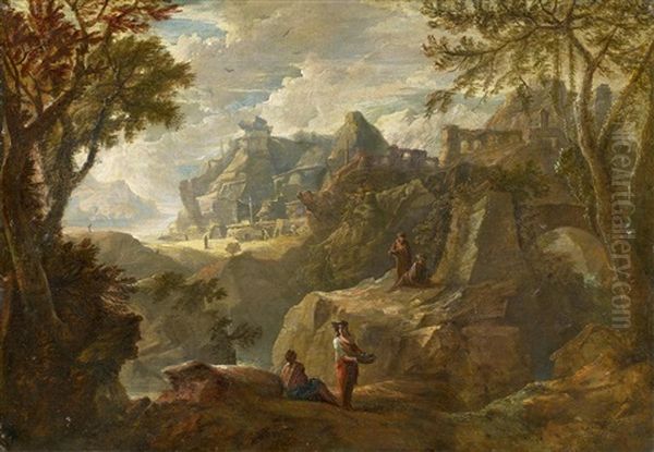 Weite, Zerkluftete Gebirgslandschaft Mit Figurenstaffage - view 1