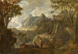 Weite, Zerkluftete Gebirgslandschaft Mit Figurenstaffage by Pietro Montanini