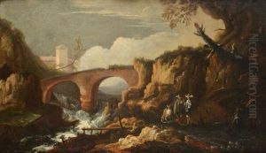 A Mountainous Landscape With Figures Before A Bridge A Mountainous Landscape With Figures Before A Bridge