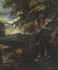 A Wooded River Landscape With A Vision Of Christ by Pietro Montanini