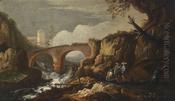 Eine Berglandschaft Mit Einer Brucke Und Figurenstaffage - view 1