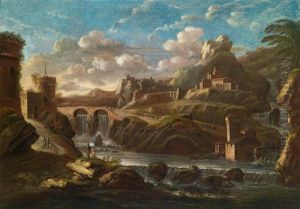 Eine Felsige Landschaft Mit Einem Kastell, Einem Wasserfall Und Einer Brucke
